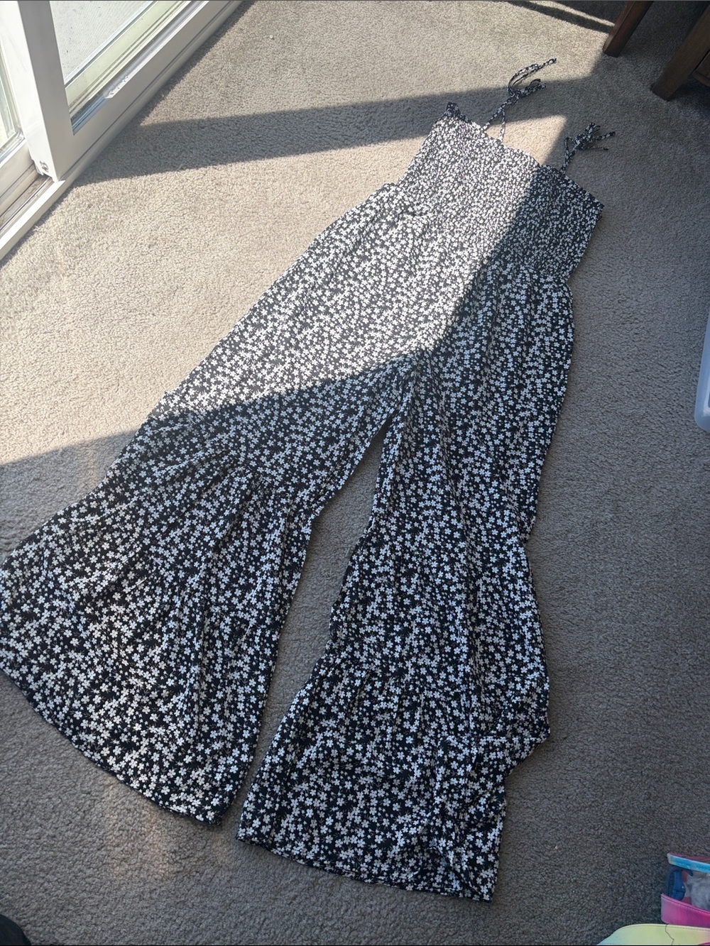 NWOT Black and White Floral Smocked Tie Strap Jumpsuit